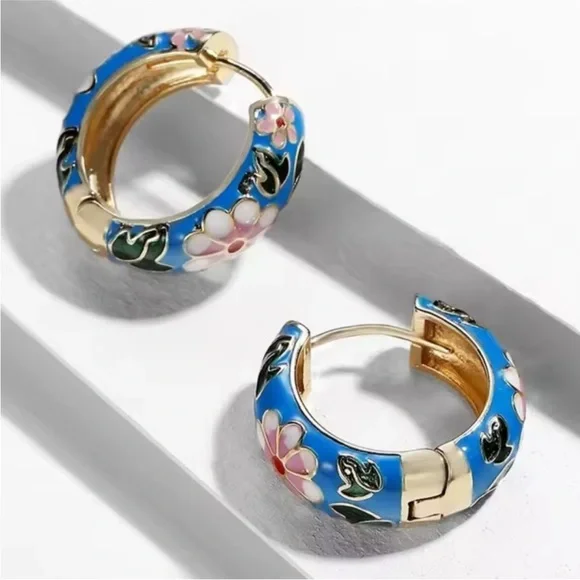 Colorful Festival Floral Blue and Gold Hoop Earrings - Picture 7 of 12